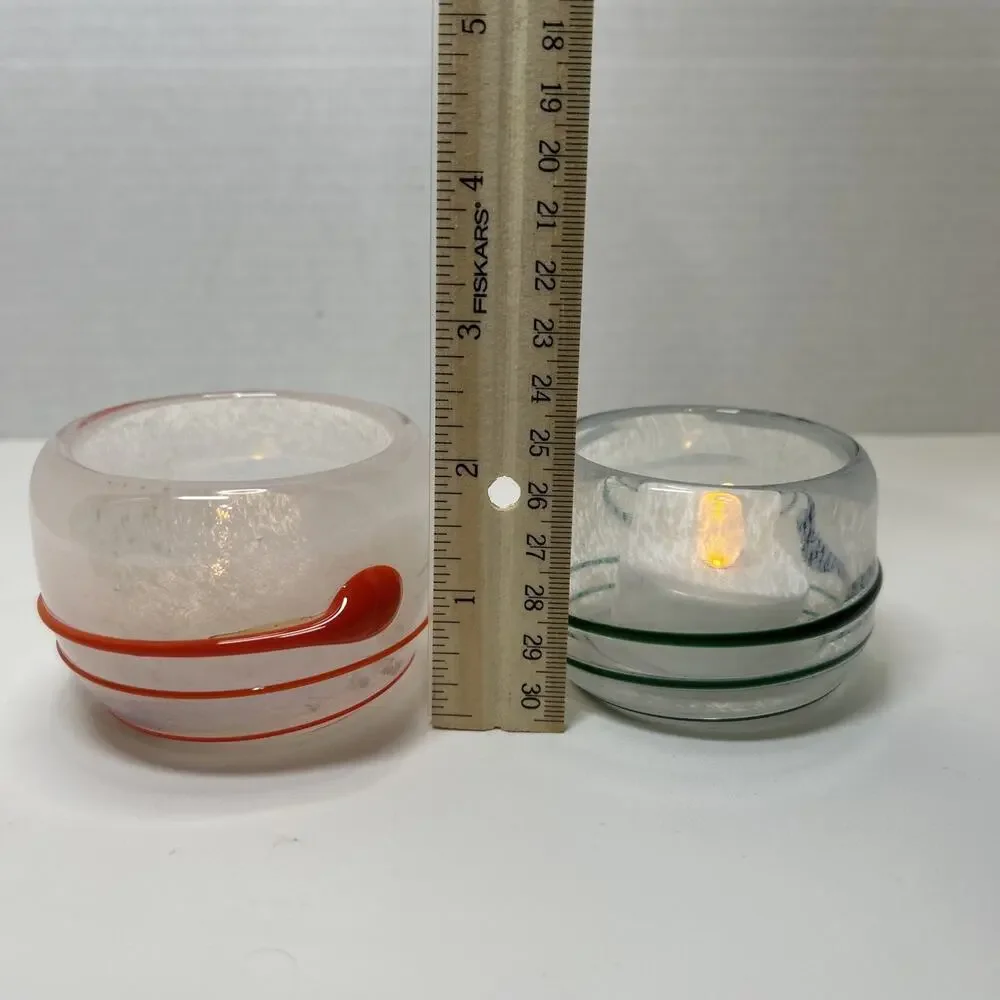 2 Hand Blown Studio Art Glass Votive Candle Holder Frosted Applied Green Orange